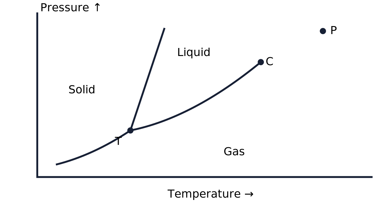 Schematic phase diagram. Pressure increases upward and temperature rightward. Three boundaries meet at T. The liquid-gas boundary ends at C. P lies right and above C. Schematic phase diagram, not to scale